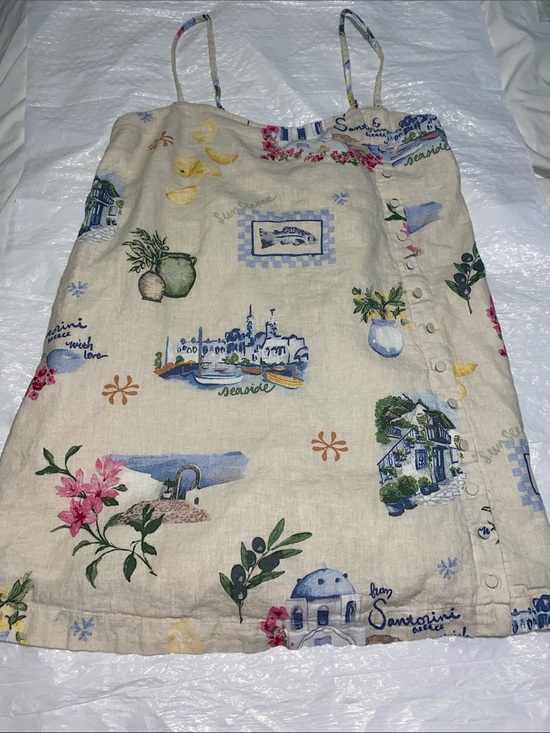 Abercrombie & Fitch Dresses & Skirts - Santorini Print Cream Linen-Blend Spaghetti Strap Dress with Built-In Shorts
